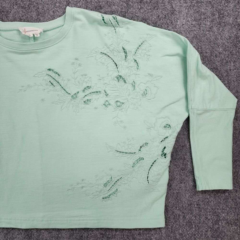 Anthropologie Sweatshirt Womens XS Green Floral Embroidered Lace Cropped Box Top - Picture 13 of 16